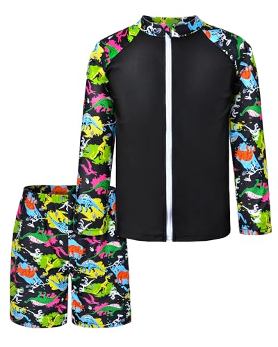 Boys Two Piece Rash Guard Swimsuits Long Sleeve Zipper Swim Shirt and Trunks Bathing Suit Swimwear Set