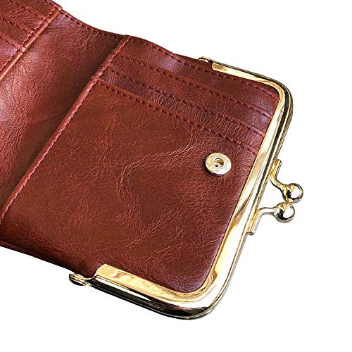 Image of AOXONEL Womens Wallet Small Rfid Ladies Compact Bifold Leather Vintage Coin Purse With Zipper and Kiss Lock, Brown, Small