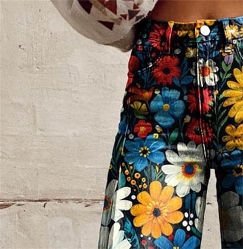 Women's Vintage Boho Floral Print Jeans - Mid Waisted Wide Leg Baggy Flare Pants with Pockets3