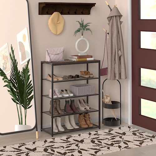 ClosetMaid-5-Tier-Shoe-Rack-Storage-Organizer-with-Wood-Top-Shelf-4-Metal-Mesh-Shelves-for-15-Pairs-of-Shoes-Modern-WalnutBlack ClosetMaid 5 Tier Shoe Rack Storage Organizer with Wood Top Shelf 4 Metal Mesh Shelves for 15 Pairs of Shoes Modern WalnutBlack