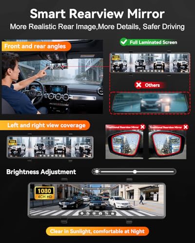 Image of Rear View Mirror Camera,4 Channel Mirror Dash Cam Front and Rear Inside,12 inch Touch Screen Dash Cam, Backup Camera for Car, 7 /24 Parking Monitor,Included Free 128GB SD Card