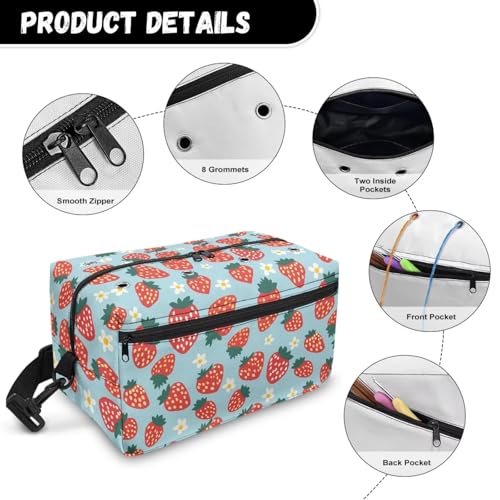 Image of Drnuikhe Strawberry Print Crochet Bag Yarn Storage Knitting Large Capacity Yarn Storage Organizer for Knitting Needles, Crochet Hooks and Other Accessories