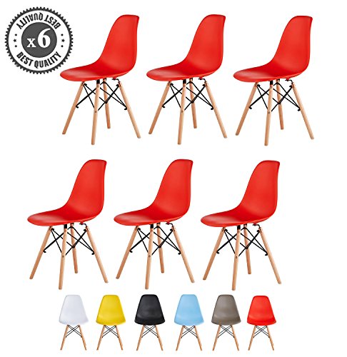 Set of 6 Stylish Plastic Dining Chairs with Wooden Legs Retro Lounge Dining Office,LIA by MCC (Red)