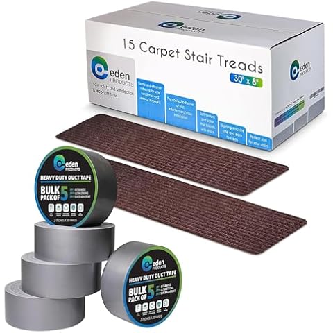 Duct Tape Heavy Duty Waterproof Bulk 5-Pack - Strong Industrial Max Strength, Gray Masking Tape and Non-Slip Carpet Stair Treads for Wooden Steps, 15pcs 8x30in Slip Resistance Indoor Peel, Scarlet Cover
