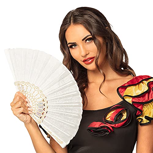 Boland 00508 - waaier Granada van stof, ca. 25 cm lang, wit met gouden ornamenten, jaren 20, The great Gatsby, Spanees, barok, kostuum, accessoire, themafeest, carnaval - Image 3