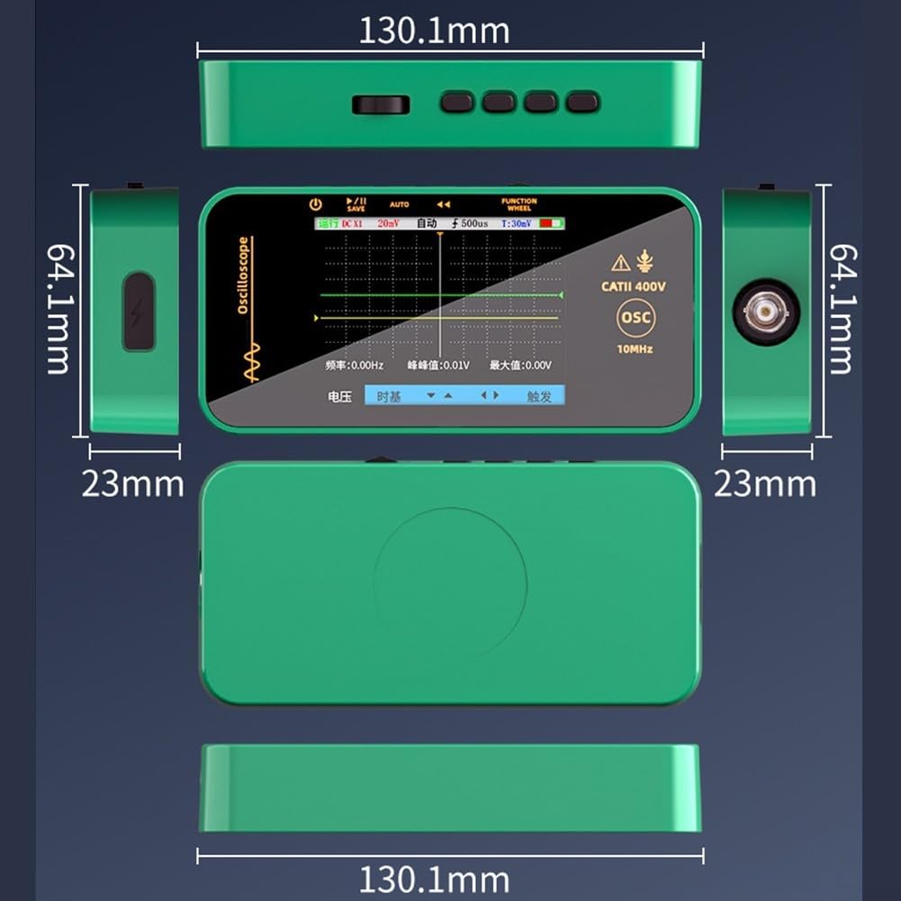 Tragbares digitales Oszilloskop, 10 MHz, 48 MSa/s, Abtastrate 8,1 cm, TFT-Display, 1200 mAh Akku, für Auto-Audio-Elektronik-Diagnose, Grün