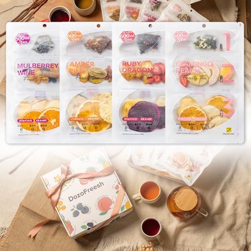 DozoFreeshフルーツティー ホットティー 紅茶 砂糖不使用 無添加 カロリーゼロ ノンカフェイン ティーバッグ プレゼント ギフト 贈り物 ホットおすすめ4種セット (ギフトセット(お湯出し4種セット+ギフト箱+ギフト紙袋))