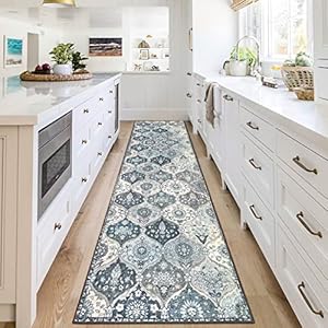 EARTHALL Moroccan Trellis 2×8 Washable Runner Rug Blue Bathroom Runner Rug Non Slip Kitchen Hallway Runner Floral Print Vintage Boho Carpet Runner for Living Room/Entryway/Kitchen/Laundry Room
