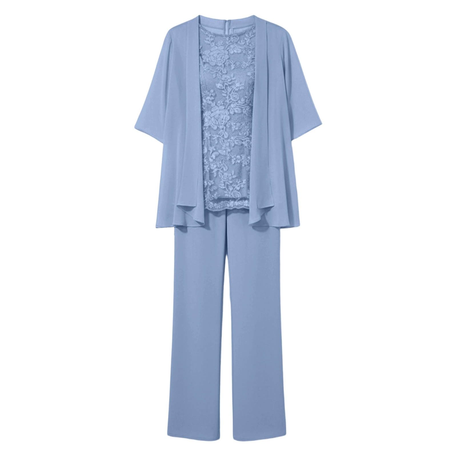 Generico Completo Tre Pezzi Donna Taglie Forti Pantaloni Lunghi In Pizzo E Seta Fiorata Maniche Lunghe Per Invitati Di Matrimonio Ed Eventi