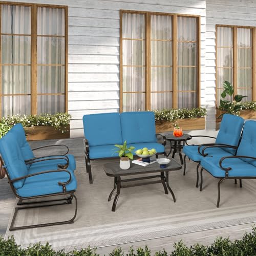 Oakmont 7-Piece Outdoor Metal Furniture Sets Patio Conversation Set, Wrought Iron Loveseat, 2 Dining Chairs, 2 Spring Chairs and Coffee Table, Peacock Blue