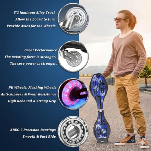 Image of BABAFAB Wave Board Skate Board with Carry Bag | LED Flash Colorful Lights in Wheels | for Outdoor for Kids |Skates for Kids,Plastic Card, DIY Arts Craftfor (Blue Wave Board)