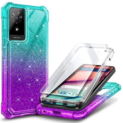 WDHD Compatible with TCL K24 & K23 & TCL 50 LE Phone Case Glitter Aqua/Purple | Full-Body Protective Shockproof Rugged Bumper Cover with Screen Protector Raised Corners Drop Protection