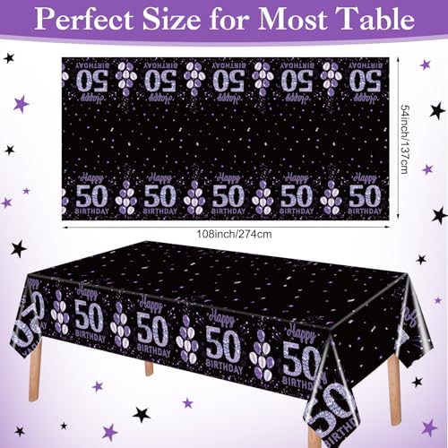 Image of Ganeen 3 Pack 50th Birthday Tablecloth Purple Black Happy 50th Birthday Decorations Disposable Plastic Rectangular Table Cover for Party Supplies Women Men, 108 x 54 Inch