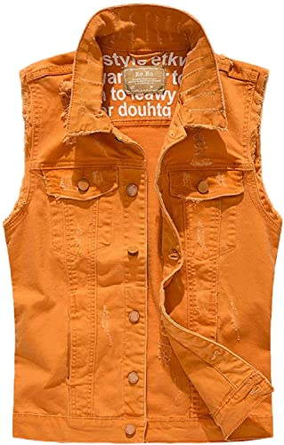 Image of Lazutom Men's Sleeveless Denim Vest Casual Slim Fit Ripped Classic Button Down Jean Jacket