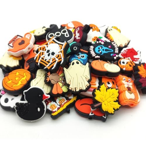 YOKUSHI 50 Pcs Halloween Focal Beads for Pens Bulk Fall Spooky Charms Loose Rubber Pumpkin Ghost Shaped Bead for Keychain DIY Beadable Pens Making Supplies (Autumn)