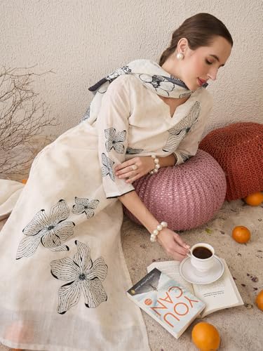 Image of INDO ERA Women's Straight Linen Floral Embroidered Kurta & Pant With Dupatta Set (IESTR10640)