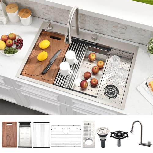 WMXQX 33 Inch Drop In Kitchen Sink with Faucet Combo,33x22 Waterfall Kitchen Sink Drop In...