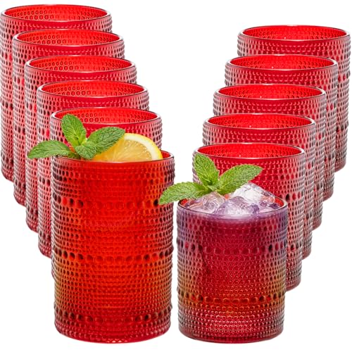 XKXKKE Red Hobnail Beaded Drinking Glasses Set of 12, 12 oz & 15oz Vintage Glassware Set Romantic Water Glasses Tumbler, Water Cups, Embossed Glassware Set for Beer, Juice, Cocktail, Soda, Beverages