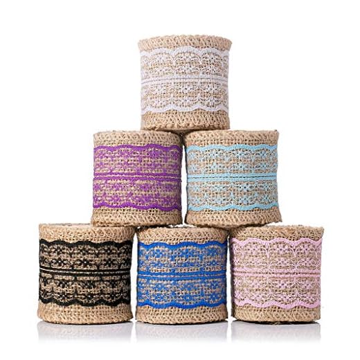 6 rollos de cinta de yute de 12 m con encaje, lila, azul, verde, rosa, negro, blanco, cinta de yute, vintage, natural, lienzo, cinta de encaje, arpillera, cinta para manualidades, artesanía, boda