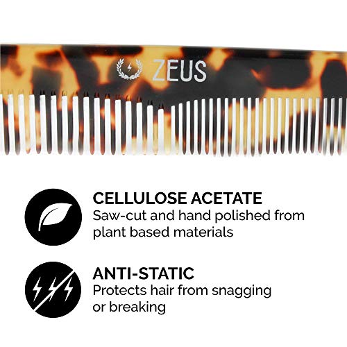 Zeus Beard, Mustache & Hair Comb Combo Set – Vegan Friendly, Handmade Saw-Cut Acetate, Anti-Static, Daily Grooming Comb (Tortoiseshell) #TOP4