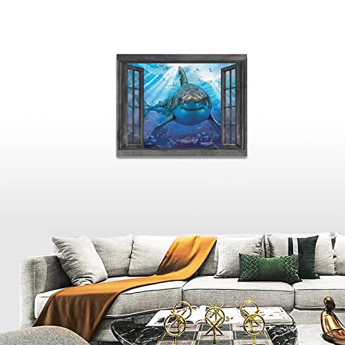 Nautical Shark Wall Art Coastal Ocean Theme Shark Pictures Wall Decor Sea Life Canvas Print Seascape Painting Framed Modern Home Artwork For Bathroom Living Room Bedroom Office 16"X12" #TOP3
