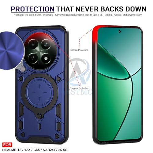 Image of AESTMO Armor Realme 12X / 12 / C65 / Narzo 70X 5GG Bumper Back Case Cover | Ring Holder & CD Pattern Sliding Camera Shutter Cover | 360 Degree Protection Back Case Cover (Blue)