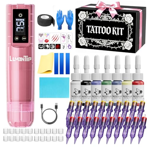 LumenTip Wireless Tattoo Gun Kit 2000mAh Tattoo Machine Pen for Beginners & Professional Artists Complete Tattoo Kit with 20 Needles Portable Tattoo Set for Home Studio Body Art Practice Pink