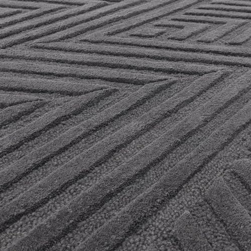 Image of Hand-Tufted Woolen Large Carpet for Living Room 7x10 feet Charcoal Grey Geometric Loop Cut Pile Anti-Skid High Pile Thick Carpet & Rugs for Bedroom & Hall