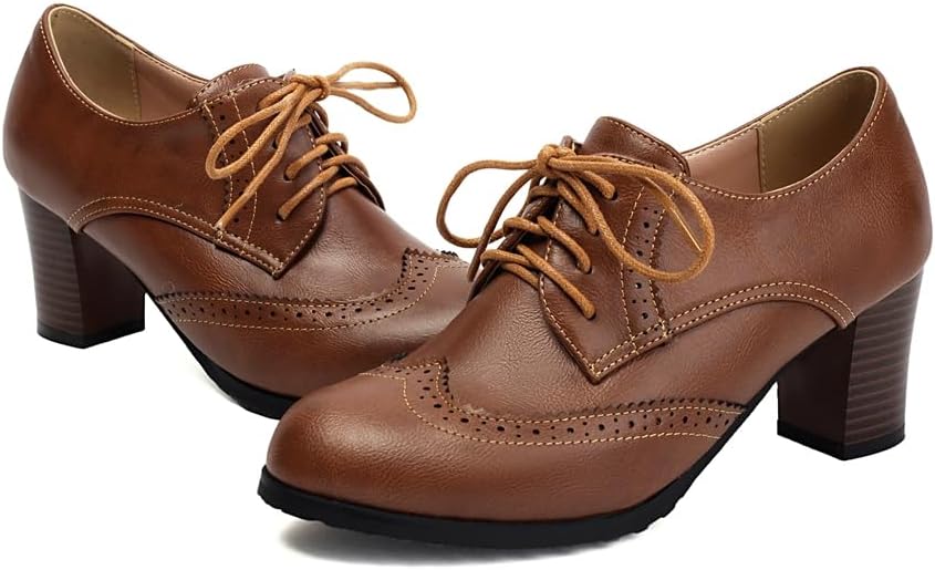 Women's Lace Up Wingtip Oxford Pumps Brogues Perforated Chunky Block High Heel Vintage Dressy Shoes