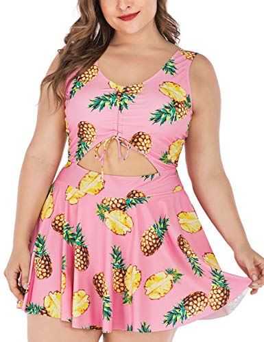 Mayfasey Women's Plus Size Swindress Floral Halter One Piece Pin Up Tankini Swimwear Swimsuit Bathing Suit Pink 3X #TOP2