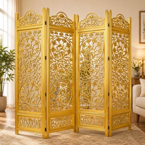 Image of Wooden Room Partition and Folding Privacy Screens Wooden Room Divider for Bedroom Home Office Room Divider Room Partition (6 Feet 4 Panel Golden Each Panel 72X20 Inch)
