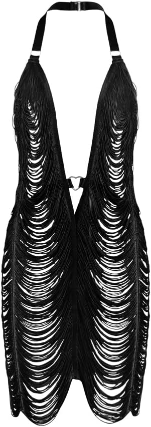 Women Sexy Backless Sleeveless Halter Bodycon Dress Deep V Neck Hollow Out Cocktail Nightclub Party Tassels Mini Dress - Image 4