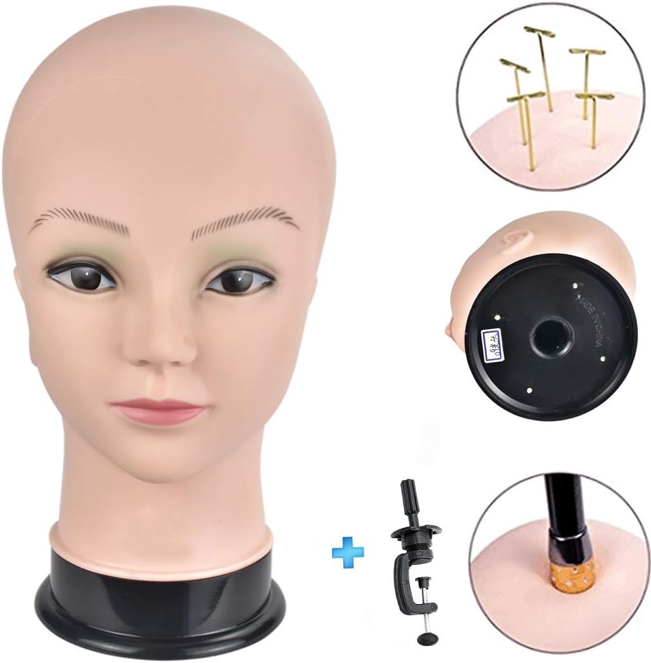 ErSiMan-AW Professional Female Cosmetology Mannequin Head Bald Manikin Head for Wigs Making Wig Display Hat Display Glasses Display Hairdressing Training Head Doll Head with Clamp