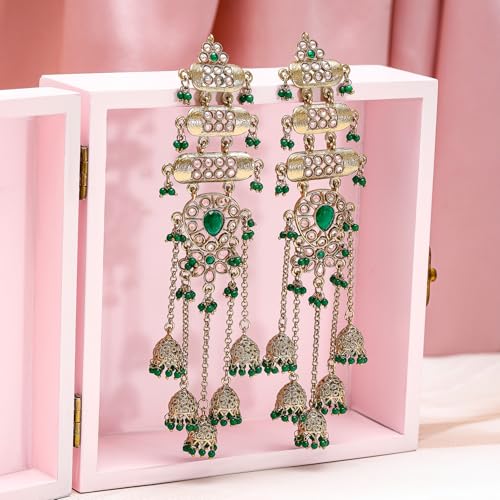 Image of Rubans Long Jhumka Earrings with Ear Chain Pearl Beaded Traditional Wedding Jewellery Gift for Women & Girls