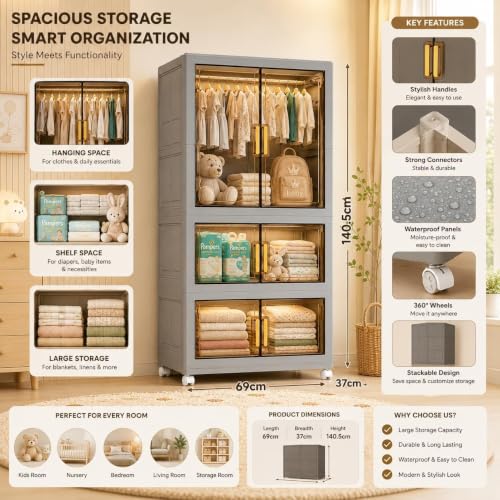 Image of Plastic Wardrobe for Cloths | 4 Layer Stackable Almirah with Hanging Rod, Transparent Doors, Wheels | Foldable Storage Cabinet Organizer for Clothes /Books /Toys