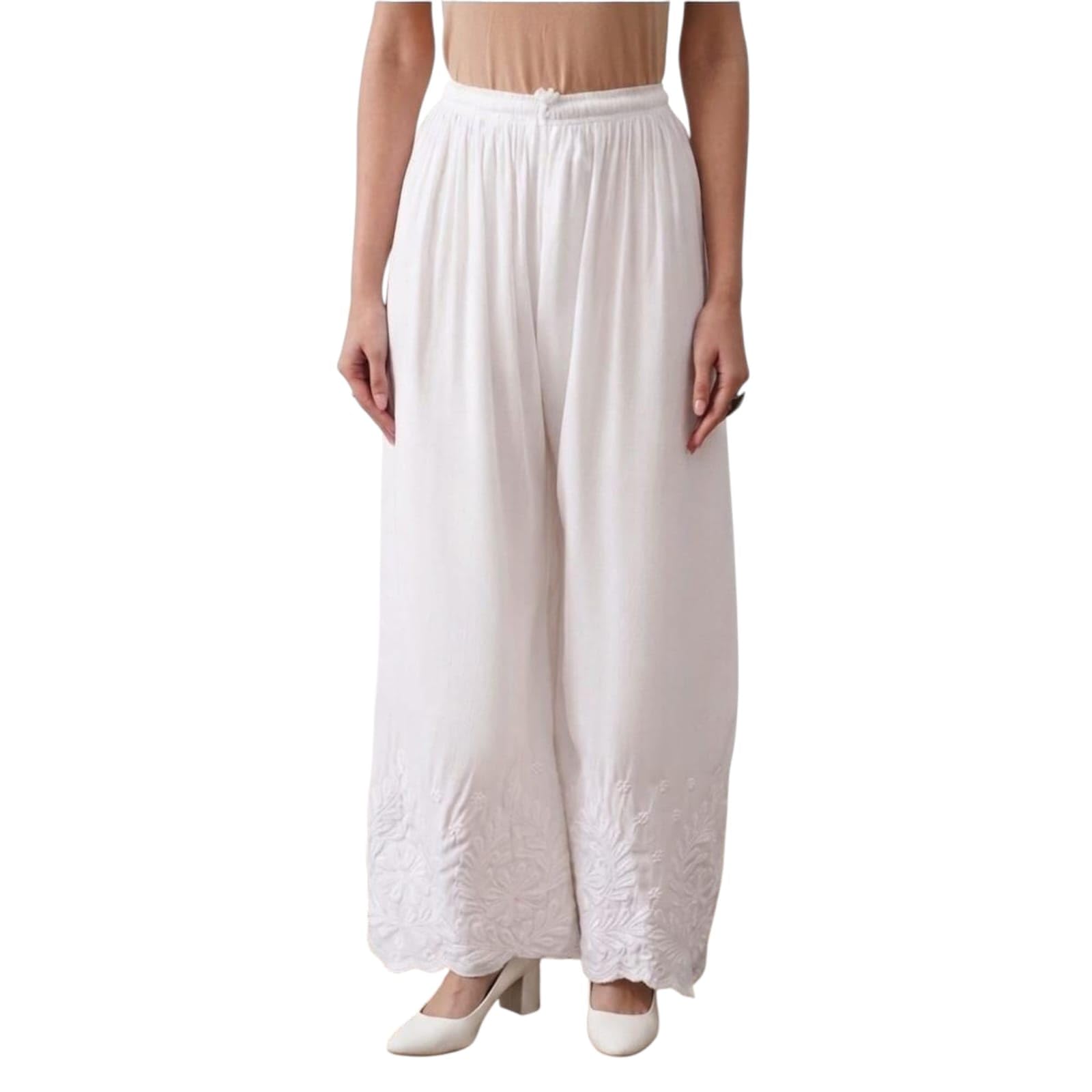 White Cotton Chikankari Palazzo Pants for Women, Embroidered Floral Design with embroidry Hem, Wide Leg-picture-24