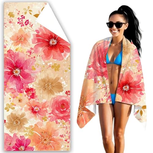 ビーチタオル 90x180 ピンク ビーチタオル 大判 防砂 薄手 ポーチ付き 旅行タオル マイクロファイバー 吸水 速乾 軽量 ビーチマット 海 プール 速乾 ジム ヨガマット 敷物 男女 贈り物 (花 パターン, 1枚) F2-883