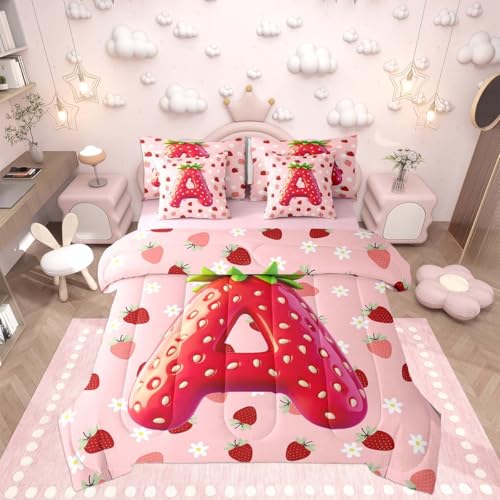 Image of Feelyou Girls Pink Red Strawberry Comforter Set with Sheets 7 Piece Twin Size Initial Letter A Bedding Set for Kids Boys Girls Princess Strawberry Bed in a Bag Room Decor Soft Lightweight Microfiber