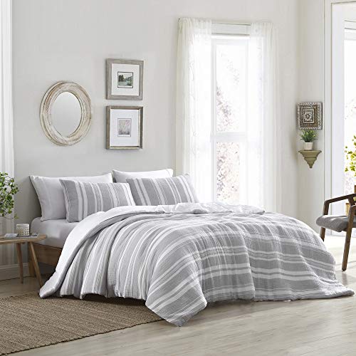 Brielle Quartz Striped Cotton Gauze Comforter Set, Grey White, King