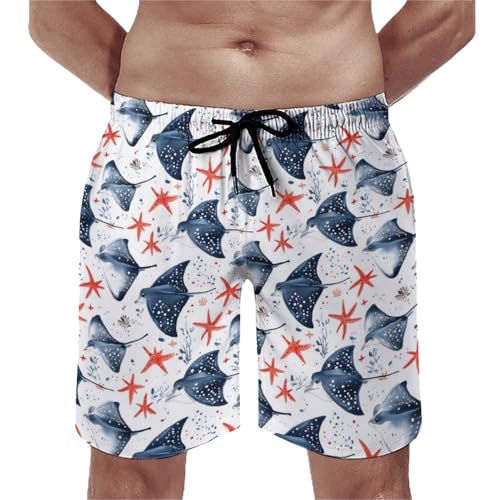 Hawaiian Shorts for Men - Blue Manta Ray Starfish Print Quick Dry Mens Swim Trunks Bathing Suits with Mesh Lining