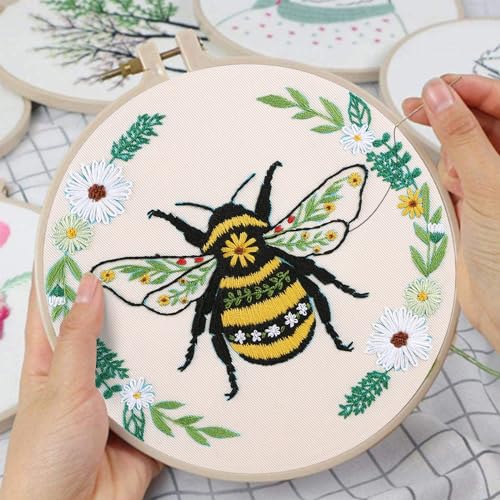 Image of Louise Maelys Bee Embroidery Kit for Beginners Cross Stitch Kit for Adults | Stamped Floral Pattern With Hoop, Threads, Needles And Instructions For An Easy DIY Craft Project And Handmade Wall Decor