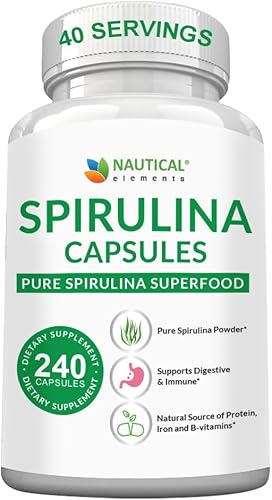 Cápsulas de espirulina de 3000 mg  40 porciones de cápsulas orgánicas de espirulina  Ricas en proteínas, antioxidantes y vitaminas  240 Espirulina