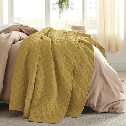 Image of Bedsure Quilts King Size - Lightweight Bedspreads King Size with Basket Weave Pattern, Soft Quilt Bedding Set, Mustard Yellow Comforter Set Coverlet for All Seasons with 2 Pillow Shams (106 inch x 96 inch)
