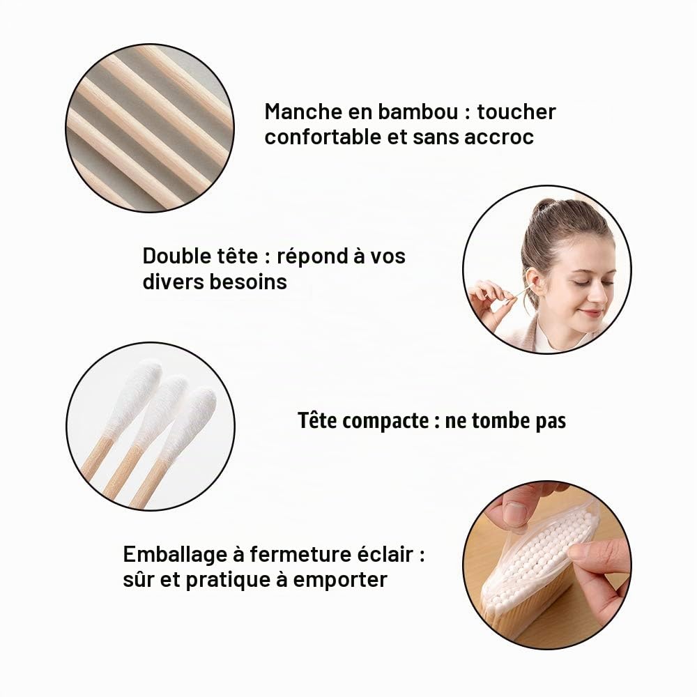 Coton Tiges 6 Paquets 600 Pièces Bourgeons de Coton en Bambou pour Outil de Nettoyage pour Soins de Nettoyage des Oreilles Soin des Blessures Outil Cosmétique Biodégradables Double Tête