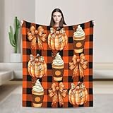 FLONTY Fall Pumpkin Bow Ice Cream Orange Black Plaid Blanket Lightweight Air Conditioning Blankets Soft Flannel Throw Blankets 60'x50'