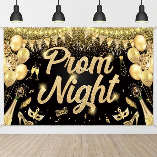 Prom Night Backdrop Banner - Black Gold Glitter Disco Prom Graduation Large Class of 2026 Party Decorations for High School College Prom Party (70.9×43.3in) (Prom Night)