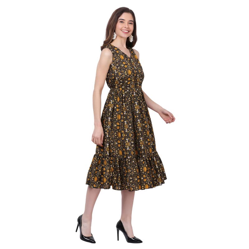 Image of Women's Crepe A-Line Knee Length Dress | Western Sleeveless Dress for Girls | Flared Frock | Frill Midi | Knee Gown