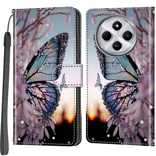 Salanheo Phone Case for Xiaomi Redmi 14C / 14R / A3 Pro / A4 / Xiaomi Poco C75 / Poco M7, Leather Flip Cover Shockproof Protective Case with Card Slots Magnetic Closure Wallet Case Butterfly wing