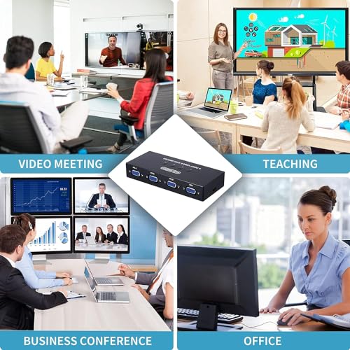 Image of VGA KVM Switch 4 Port, USB VG-A KVM Switcher for 4 Computers Share 1 Monitor 3USB Devices Keyboard Mouse Scanner Printer, With 4 KVM Cables & Desktop Control (4 PORT VGA USB KVM Switch Selector)