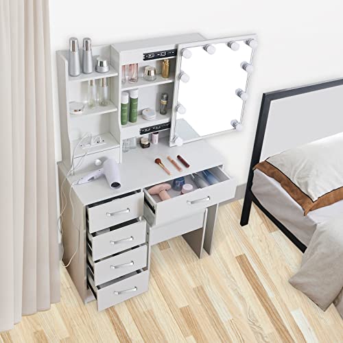 31.5'' Makeup Vanity With Lighte Mirror, Vanity Desk Dressing Table Set With Charging Station, Large Drawers And Stool For Girls And Women, White #TOP2